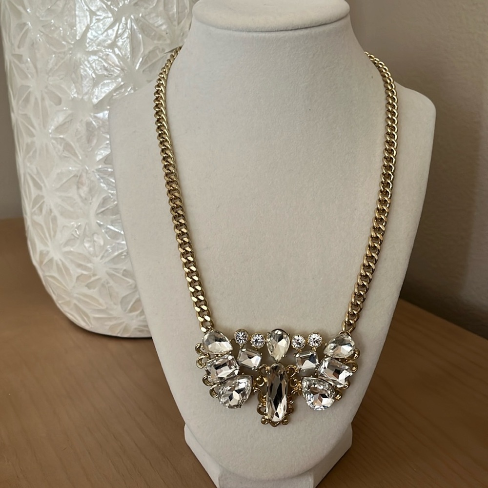 Gold Tone Statement Necklace with Large Faux Diamond Stones in Various Shapes